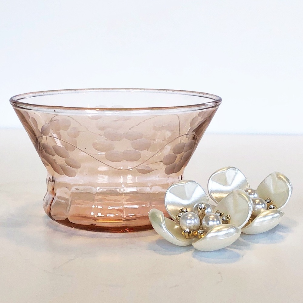 Vintage Pink Glass Floral Catchall Trinket Dish